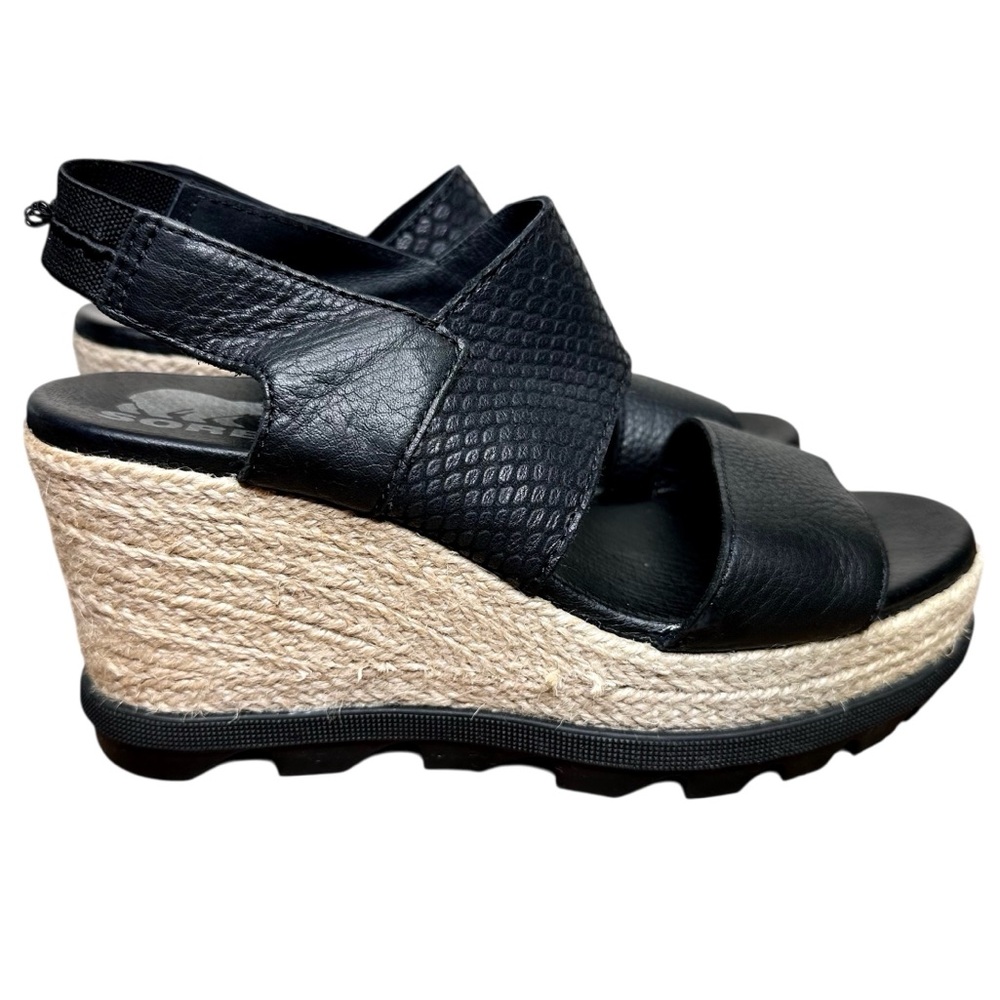 Sorel Joanie II Slingback Espadrille Wedge Sandals Black Leather SZ 7 - Picture 7 of 16